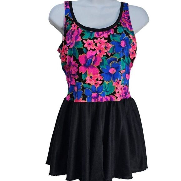Vintage 80s Swimsuit Skirted One Piece Womens Size M Black Floral Pink Purple - Picture 2 of 7